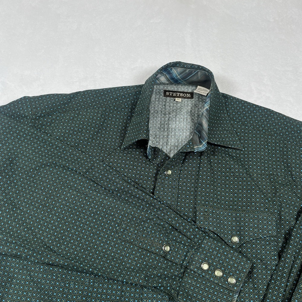 STETSON Men's M Pearl Snap (S) Western Shirt Green Geometric Lattice Long Sleeve